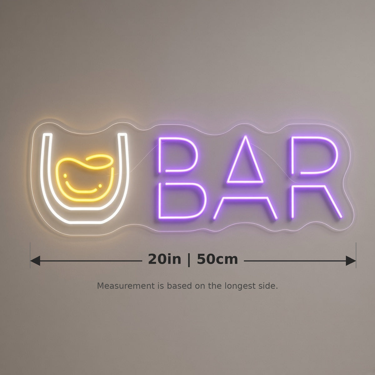 BAR Whiskey Glass Home Bar Wall Decor LED Neon Sign - size guide