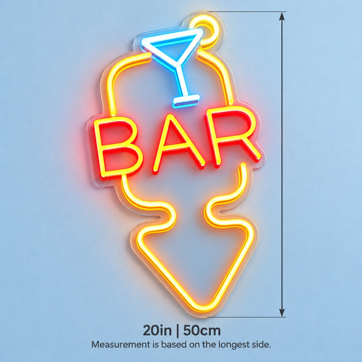 Bar Martini Glass Down Arrow LED Neon Sign - size guide
