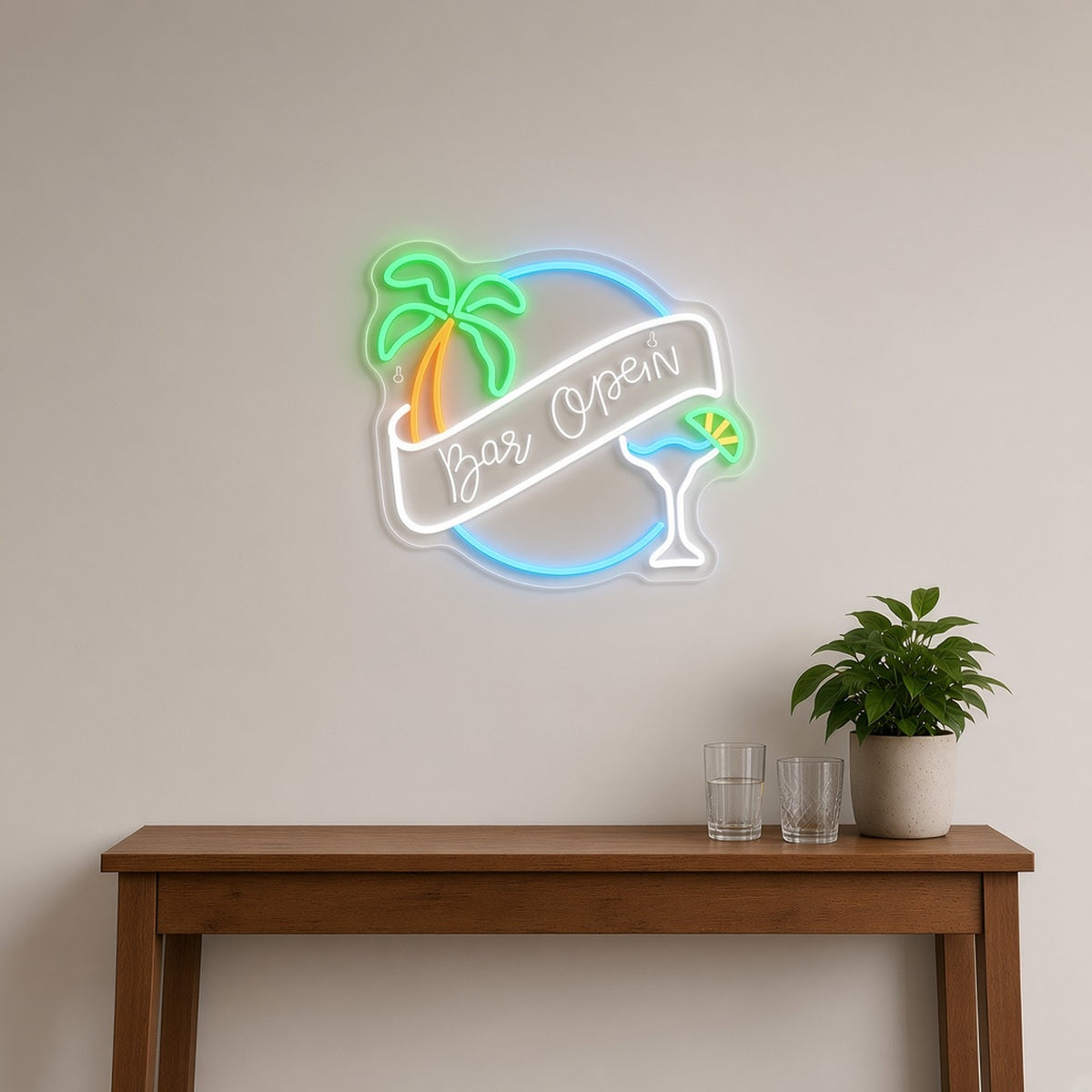 Bar Open Palm Tree Martini Glass Banner for Tiki Home Bar LED Neon Sign - lifestyle view