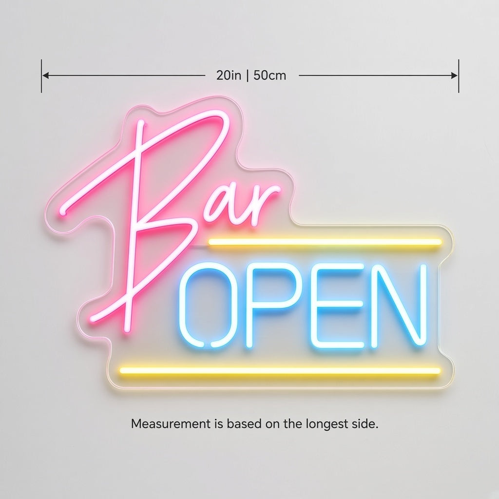 Bar Open Pub Decor LED Neon Sign - size guide