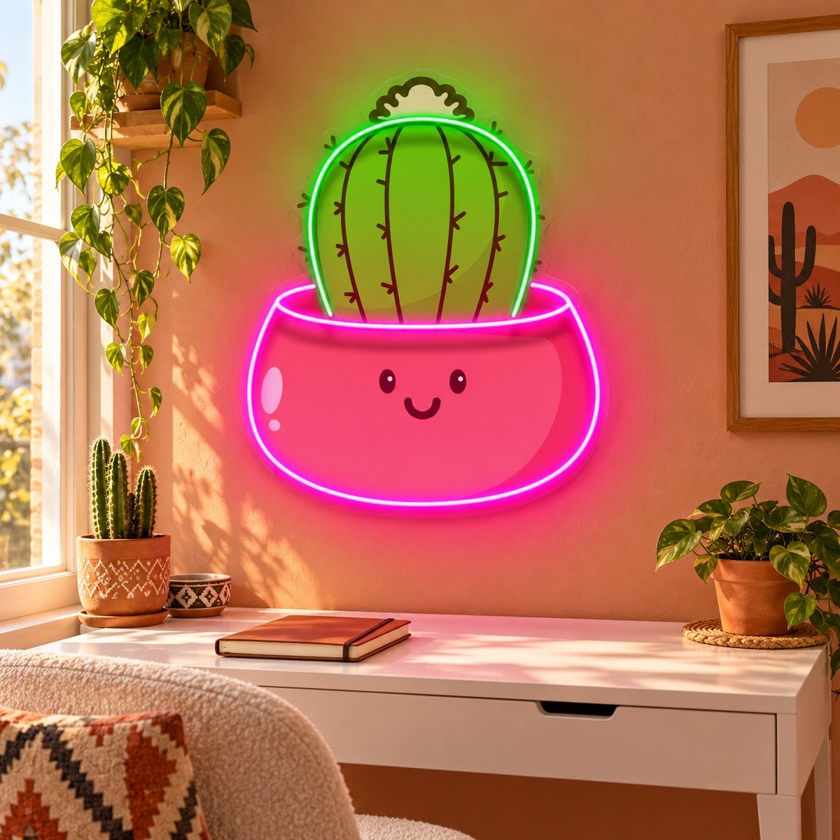 Barrel Cactus in Smiling Pot LED Neon Sign - advertising view