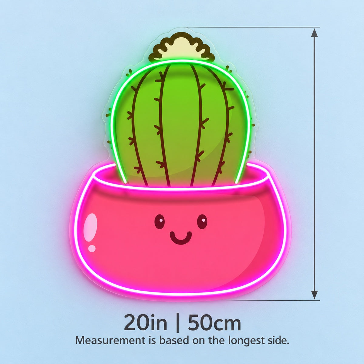 Barrel Cactus in Smiling Pot LED Neon Sign - size guide