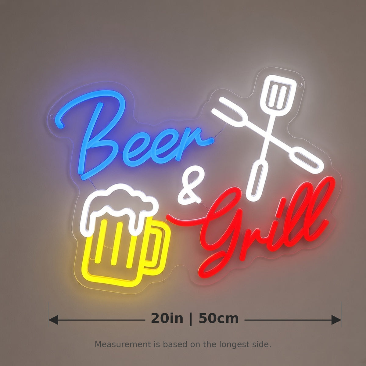 Beer and Grill Grill Mug Spatula Fork for BBQ Bar LED Neon Sign - size guide