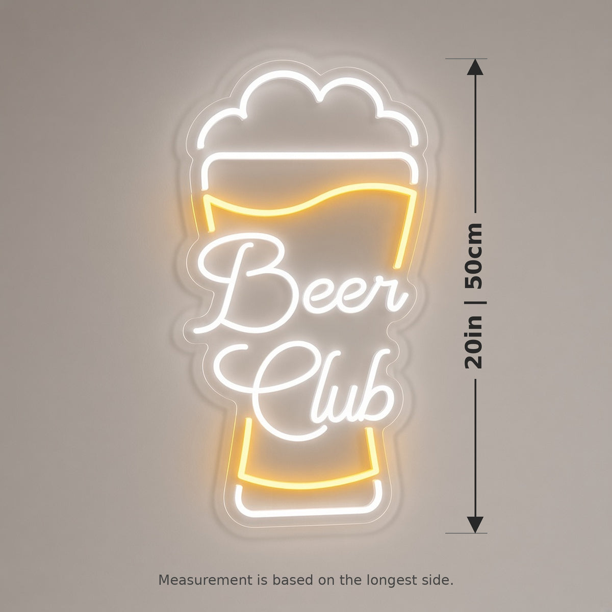 Beer Club in Pint Glass with Foam for Bar Pub Home LED Neon Sign - size guide