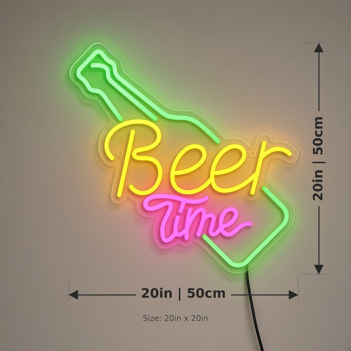 Beer Time Bottle for Home Bar Pub Man Cave LED Neon Sign - size guide