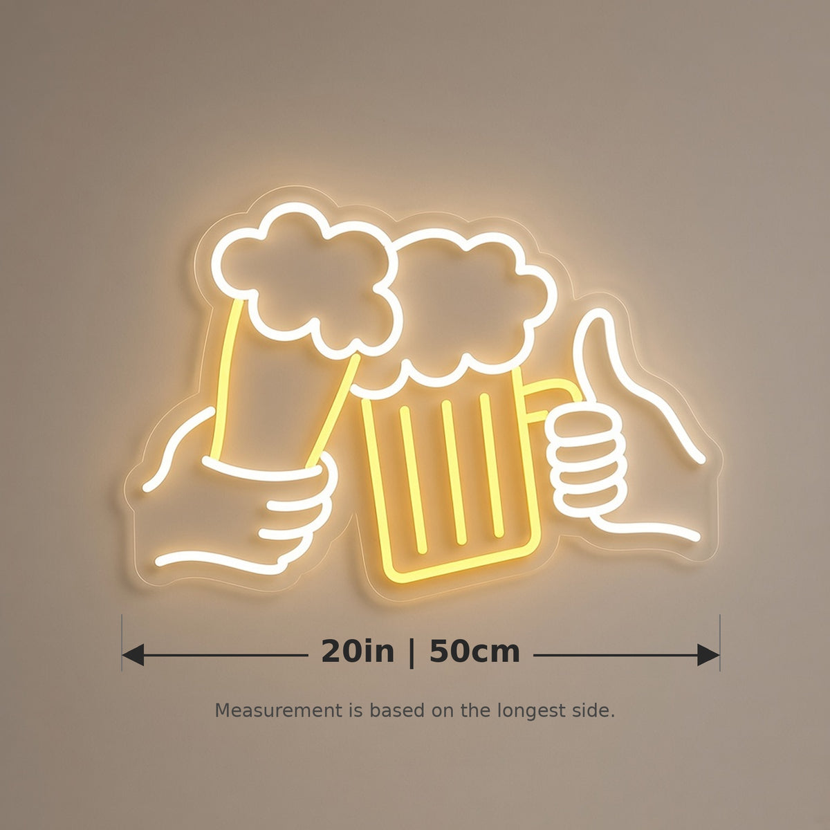 Beer Toast Glass and Mug Hands Thumbs Up for Bar Pub LED Neon Sign - size guide