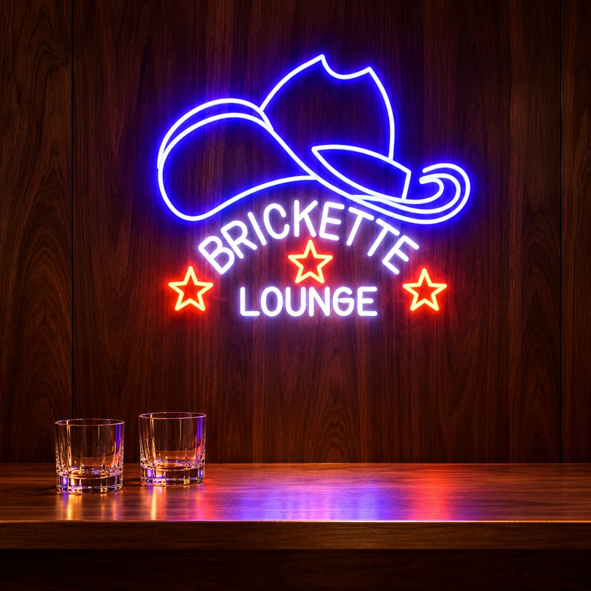 Brickette Lounge Cowboy Hat LED Neon Sign - advertising view
