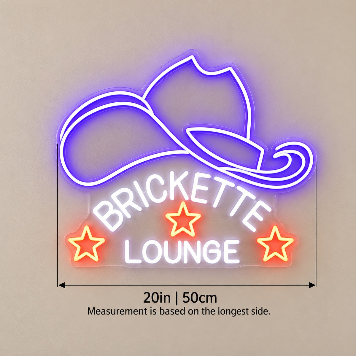 Brickette Lounge Cowboy Hat LED Neon Sign - size guide