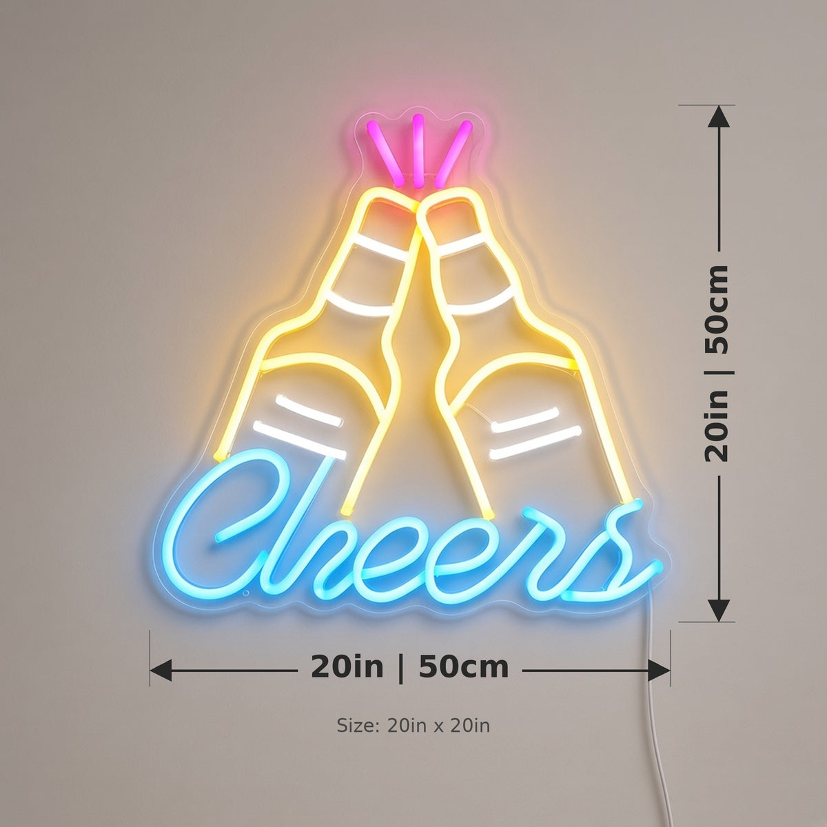 Cheers Clinking Beer Bottles for Man Cave Bar Wall LED Neon Sign - size guide