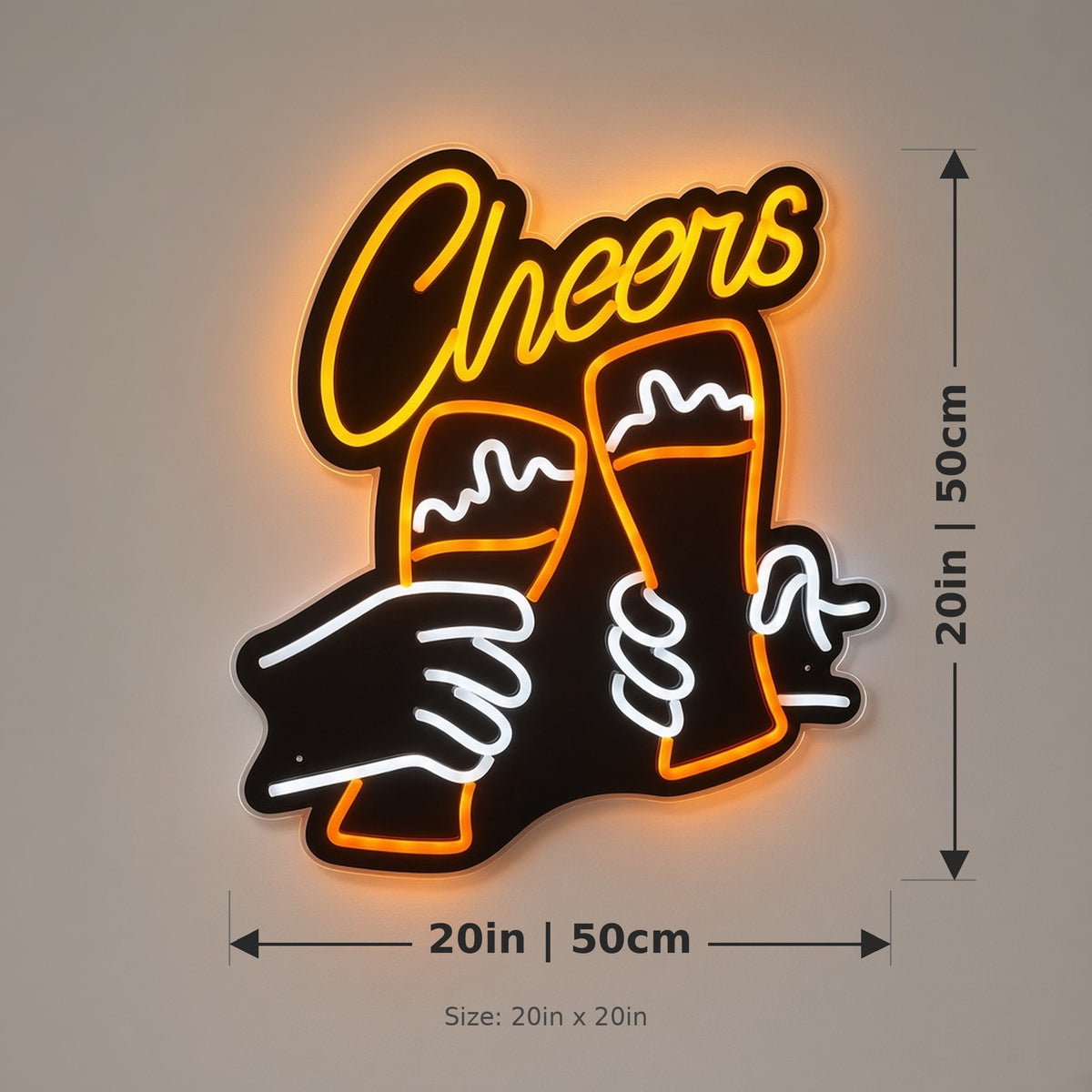 Cheers Two Clinking Beer Glasses Hands for Bar Pub LED Neon Sign - size guide