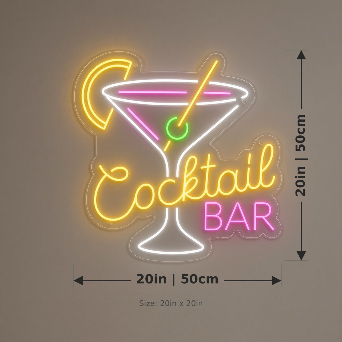 Cocktail Bar Martini Lemon Twist Olive for Basement Bar LED Neon Sign - size guide