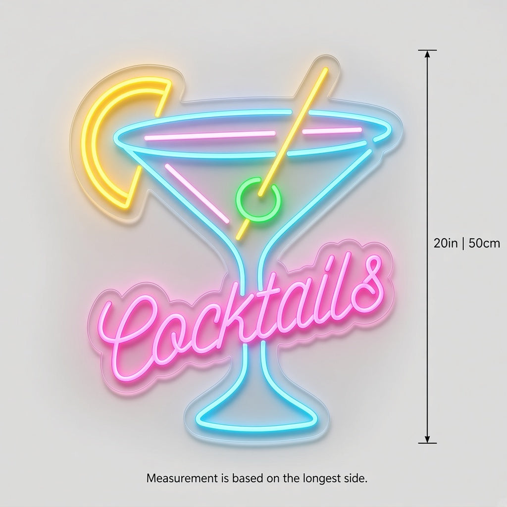 Cocktails Man Cave Decor LED Neon Sign - size guide