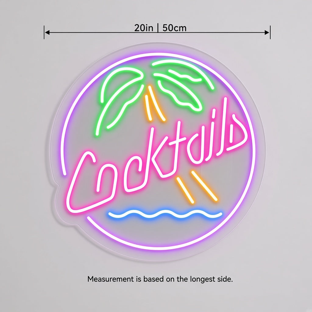 Cocktails Tiki Bar Decor LED Neon Sign - size guide