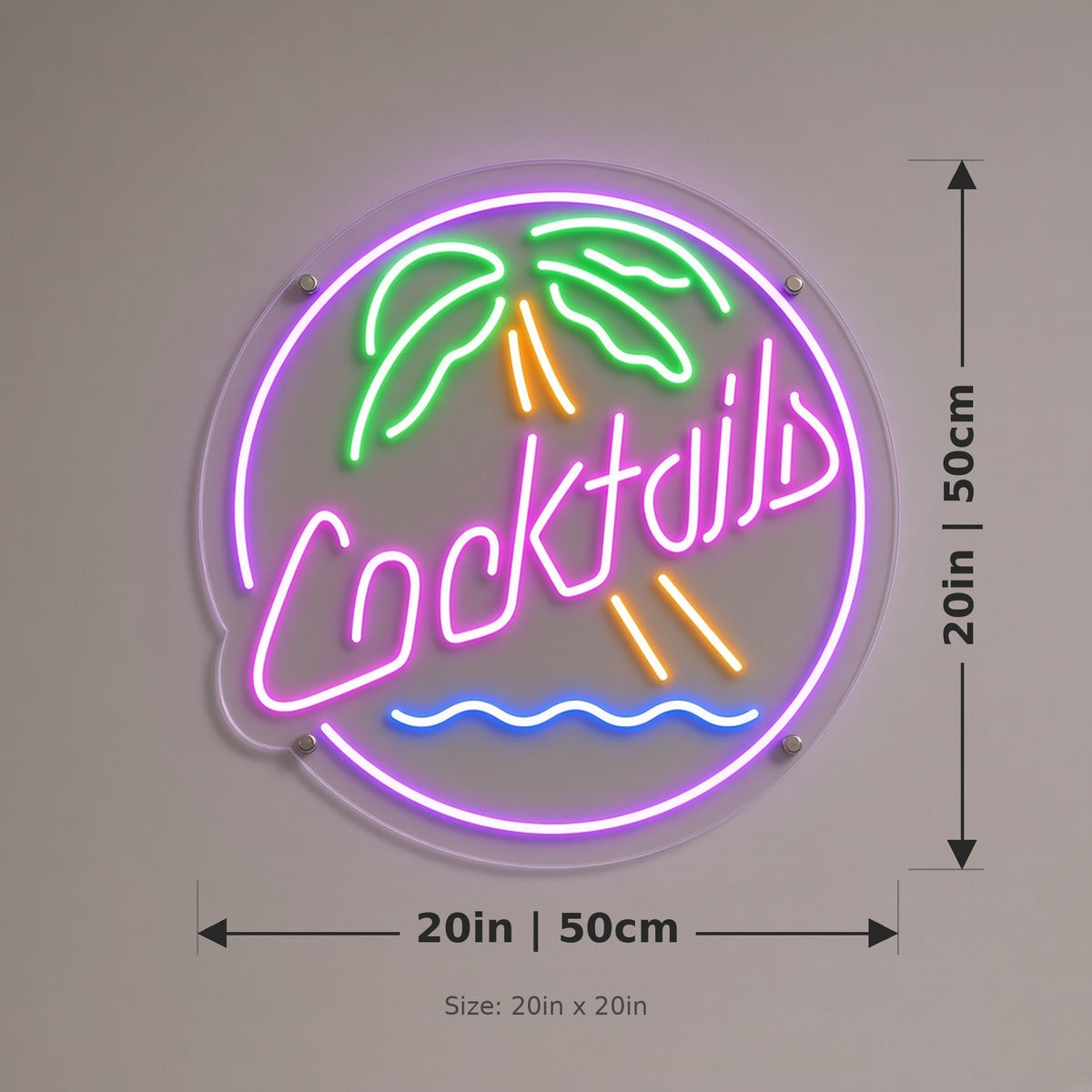 Cocktails Round Palm Tree Ocean Wave Ring for Tiki Bar LED Neon Sign - size guide