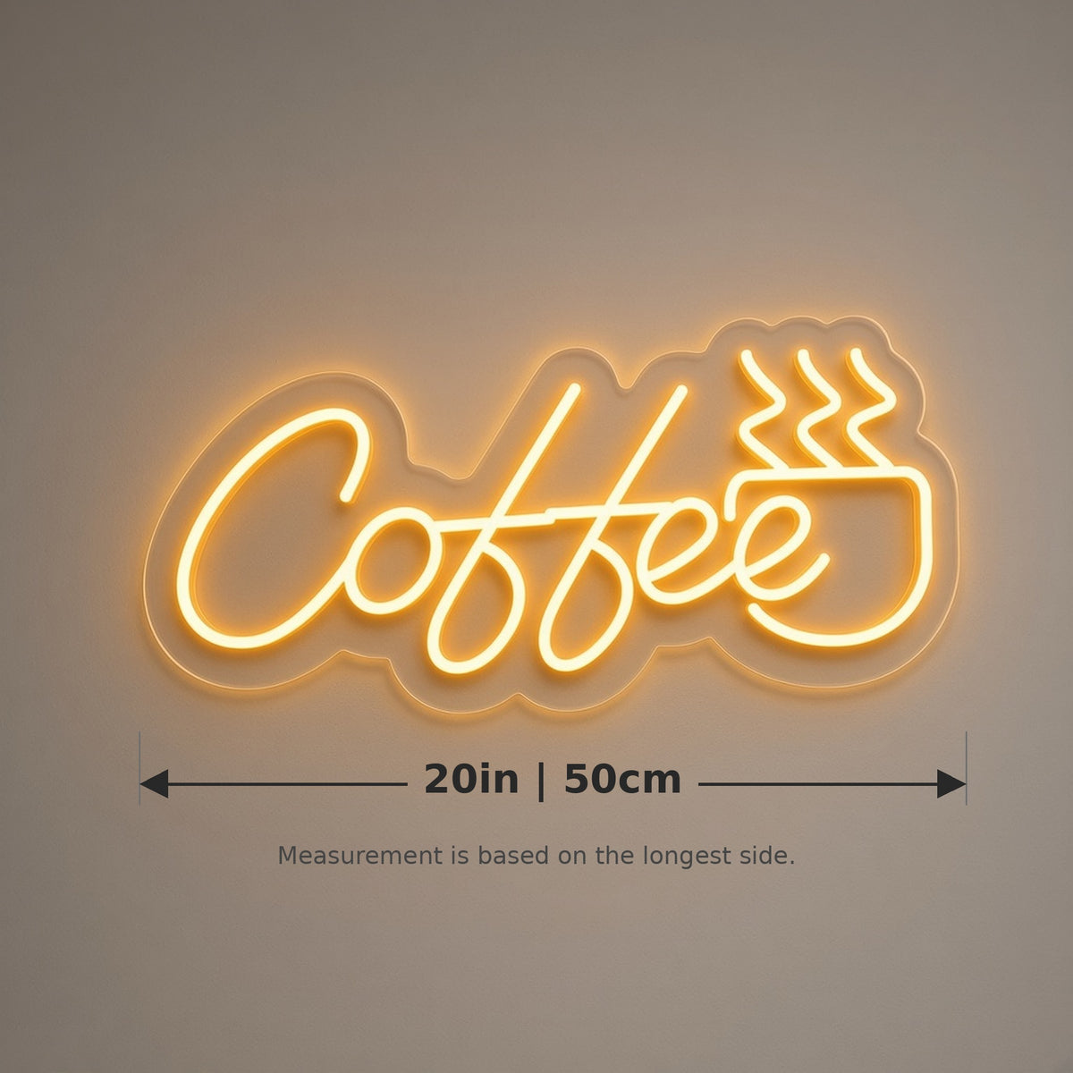 Coffee with Mug for Cafe Kitchen Wall LED Neon Sign - size guide