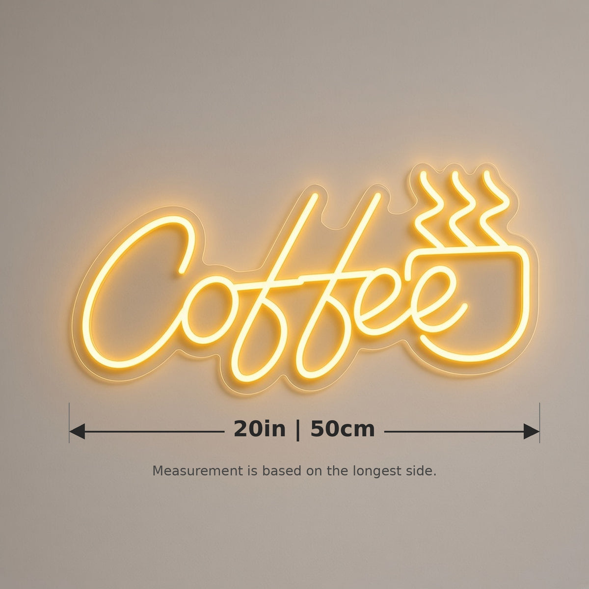 Coffee Steaming Mug for Coffee Bar Kitchen Wall LED Neon Sign - size guide