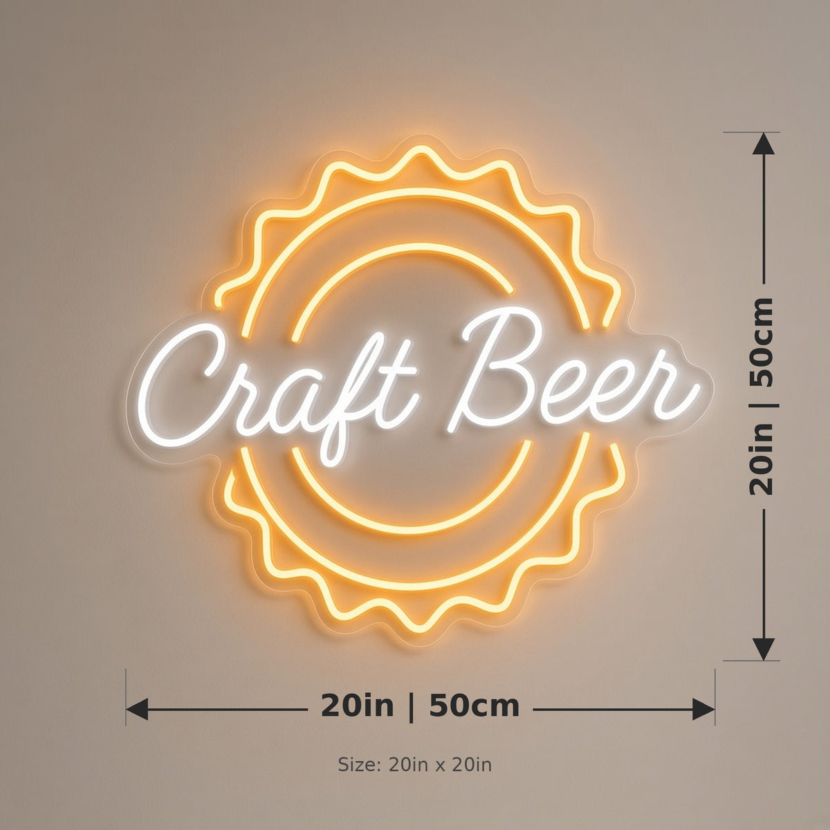 Craft Beer Bottle Cap Light for Pub Garage Man Cave LED Neon Sign - size guide