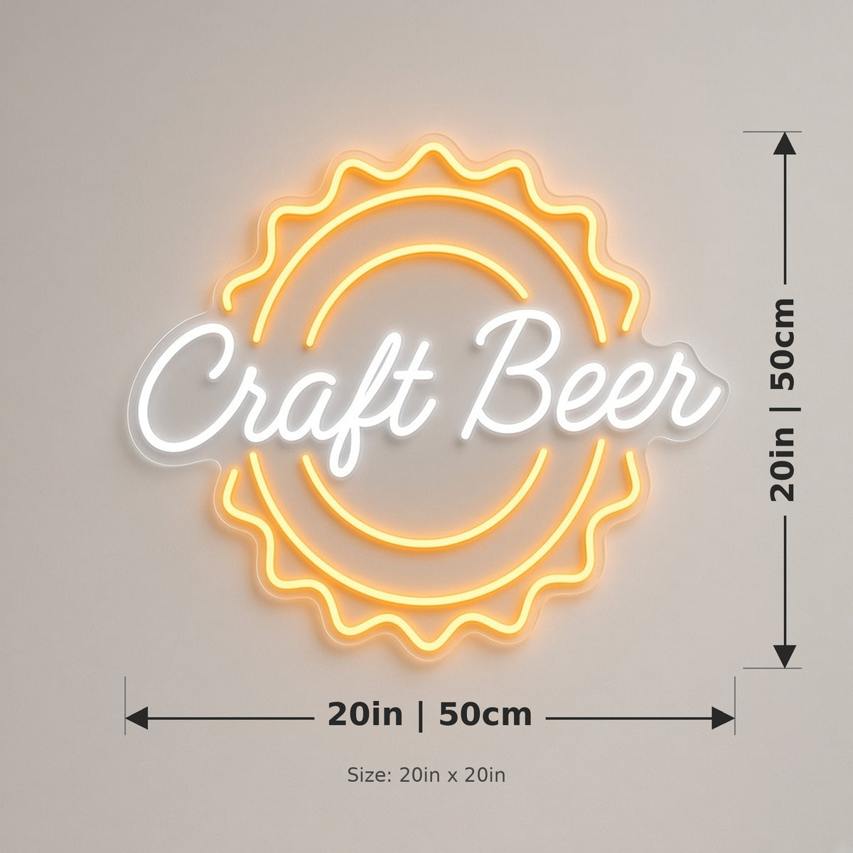 Craft Beer with Bottle Cap for Home Bar Brewery LED Neon Sign - size guide