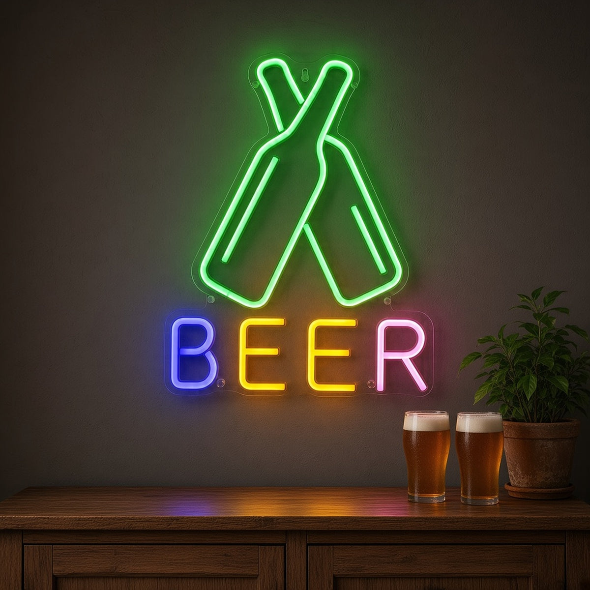 Crossed Beer Bottles Multicolor BEER Letters Wall Mount for Bar LED Neon Sign - lifestyle view