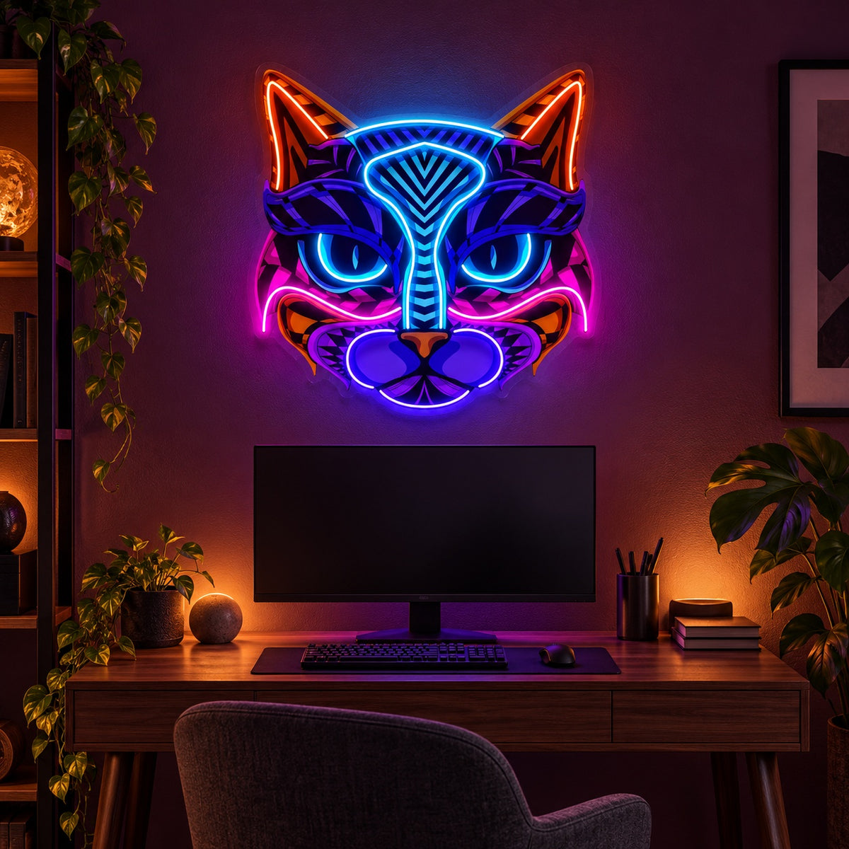 Geometric Cat Face LED Neon Sign - advertising view
