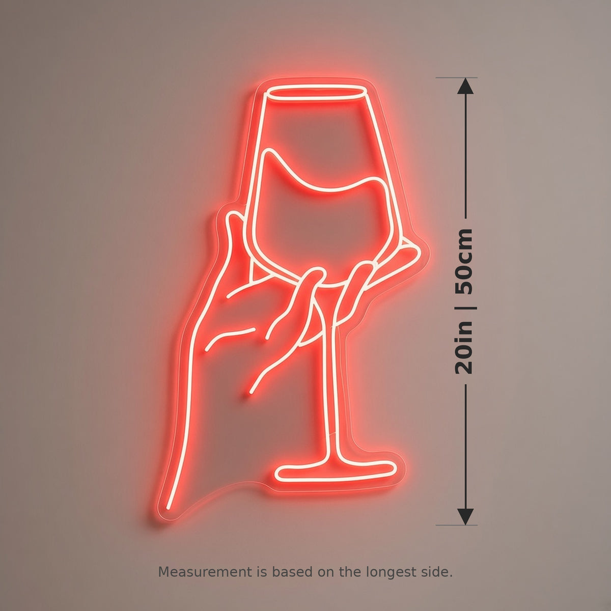Hand Holding Wine Glass Line Art for Wine Bar Kitchen Decor LED Neon Sign - size guide