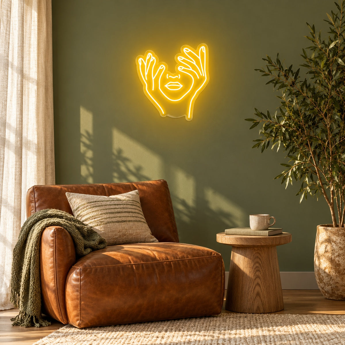 Hands Framing Face LED Neon Sign - lifestyle view