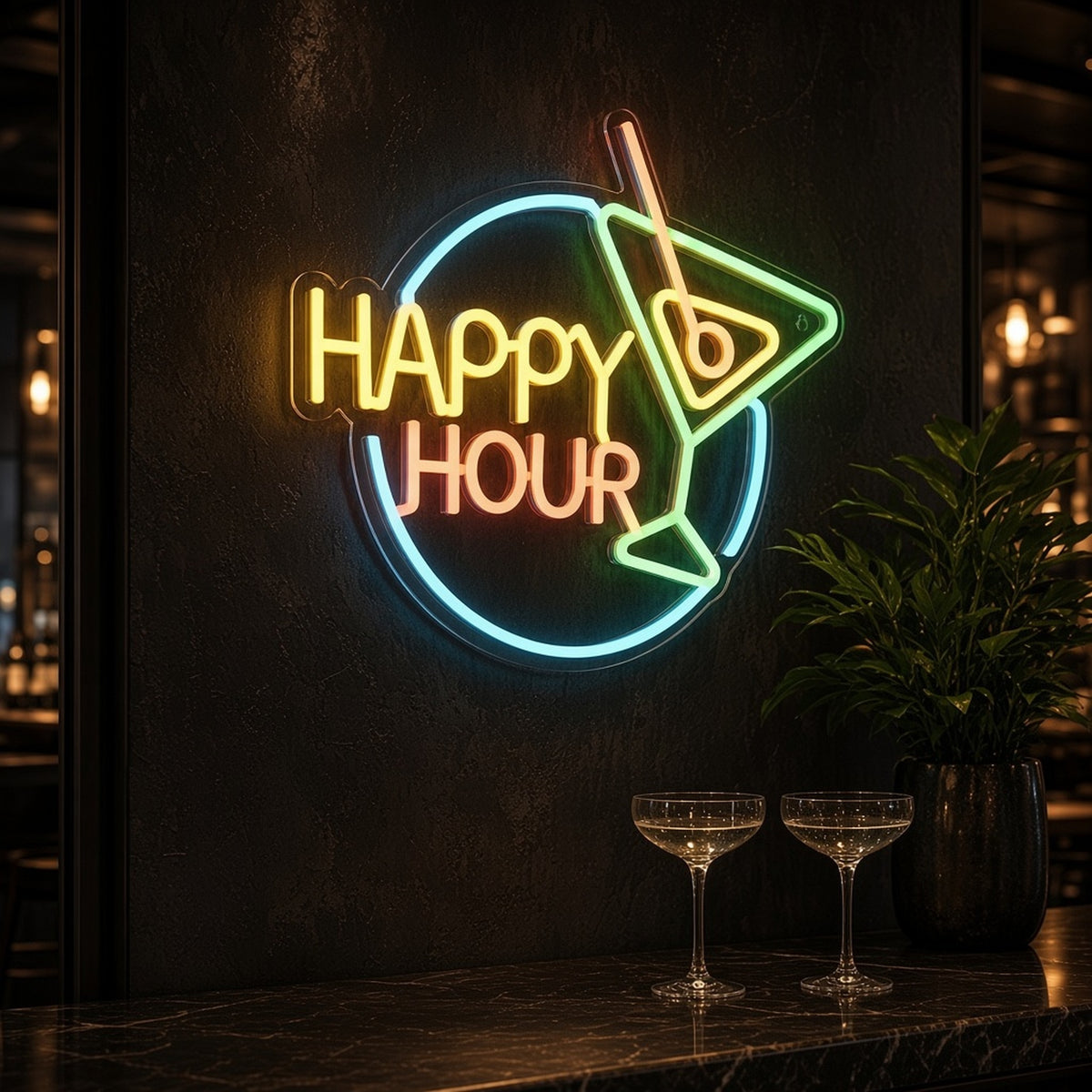 Happy Hour Martini Circle Multicolor for Restaurant Bar LED Neon Sign - advertising view