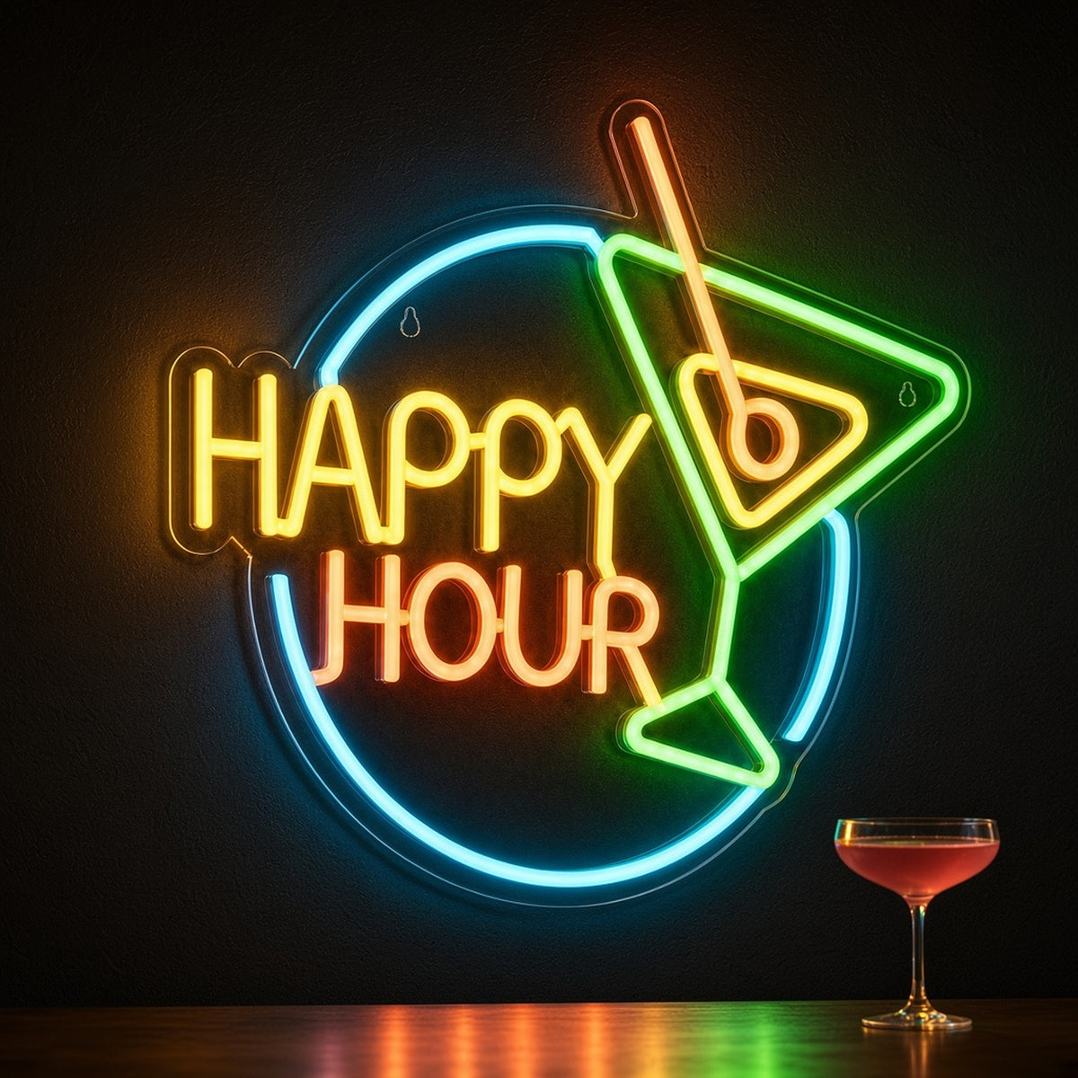 Happy Hour Martini Glass Circle for Cocktail Lounge Wall LED Neon Sign - advertising view