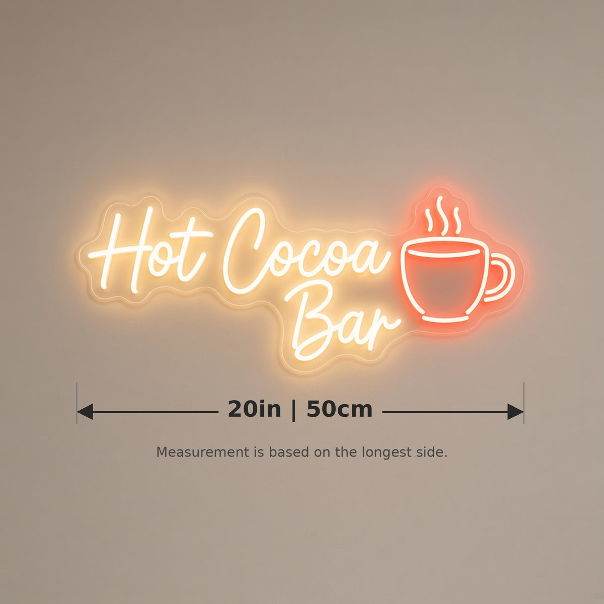 Hot Cocoa Bar Mug for Winter Holiday Party LED Neon Sign - size guide