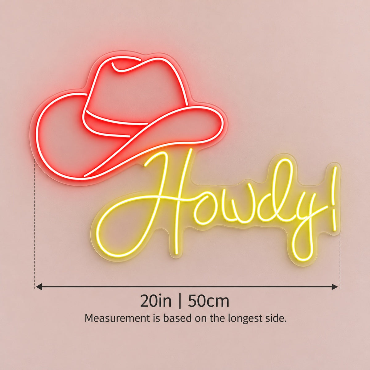 Howdy Cowboy Hat LED Neon Sign - size guide