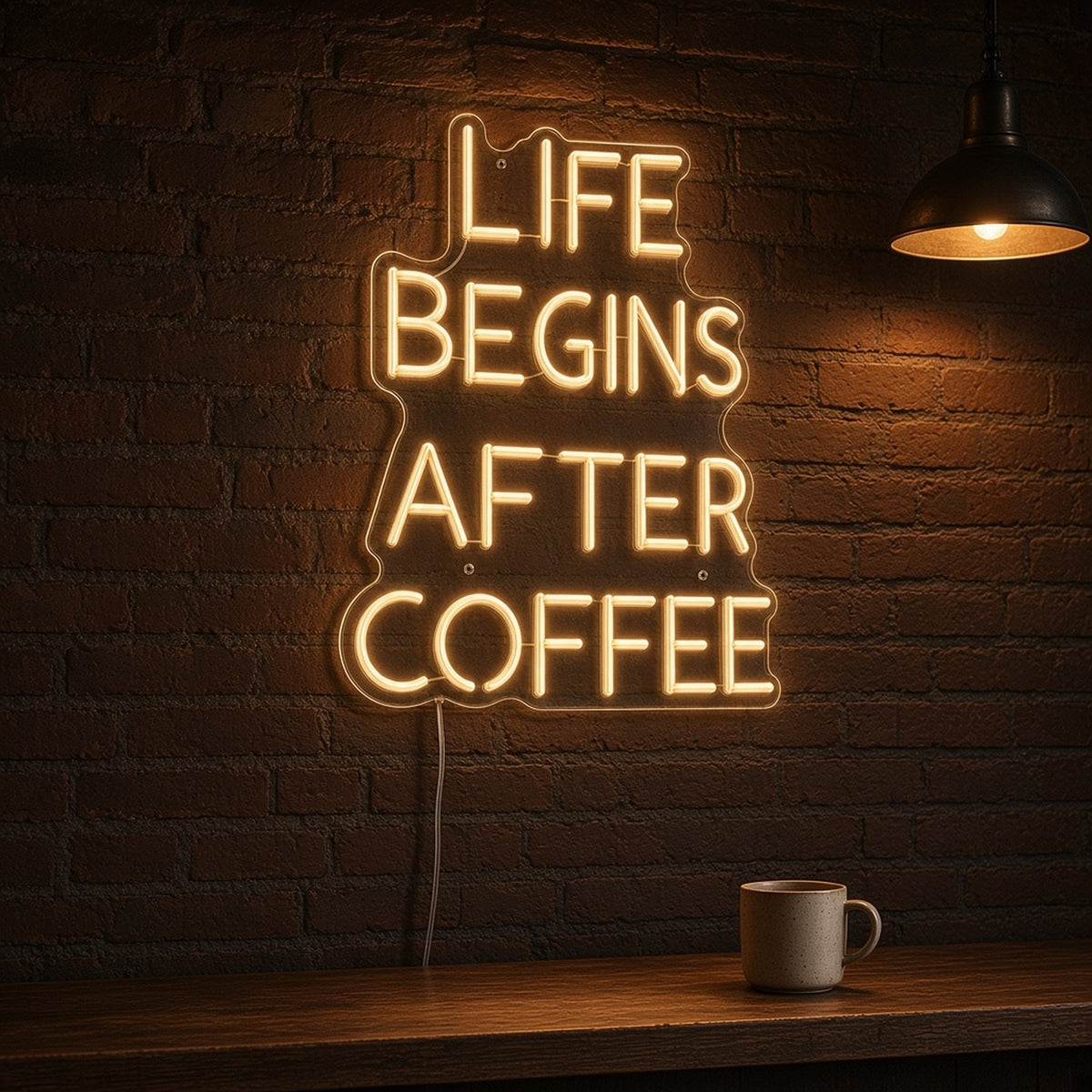 Life Begins After Coffee Golden Tall Text for Cafe Bar LED Neon Sign - advertising view