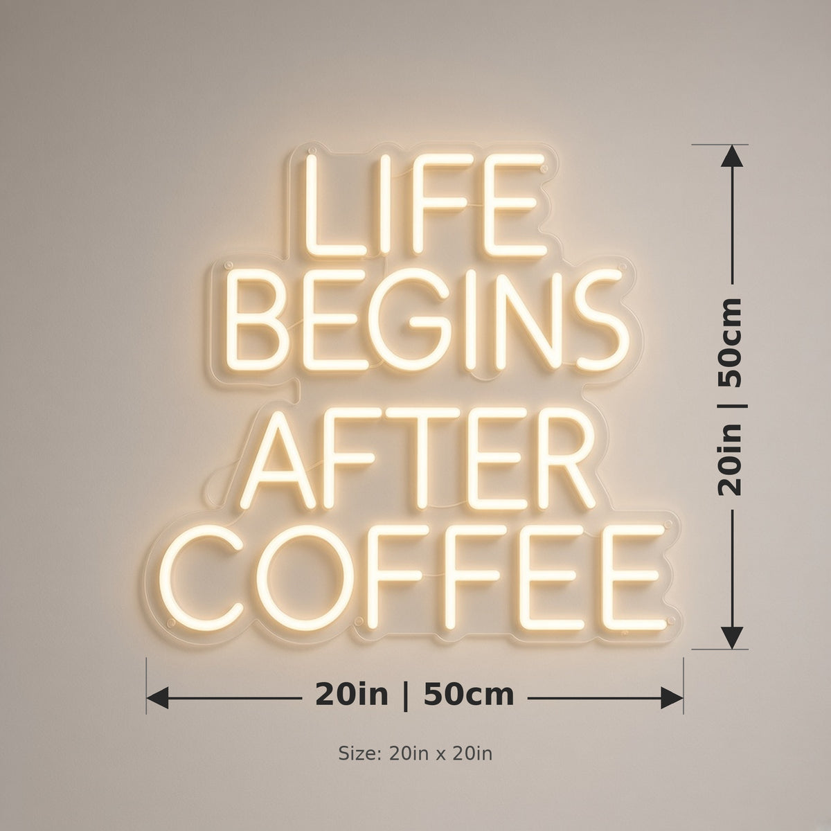 Life Begins After Coffee Block Letters for Kitchen LED Neon Sign - size guide