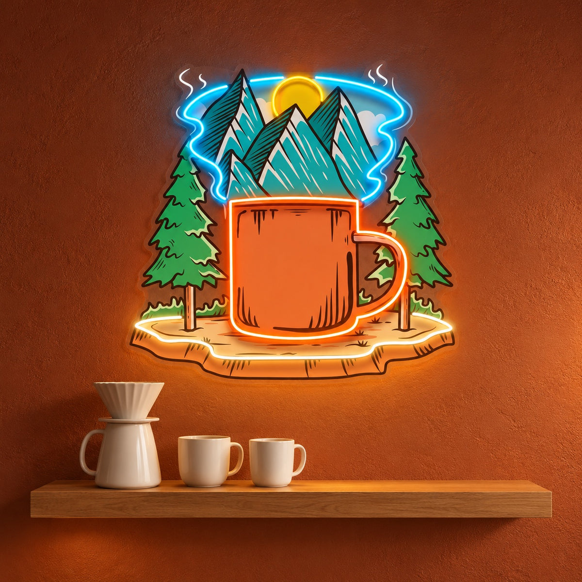 Mountain Coffee Mug Forest LED Neon Sign - advertising view