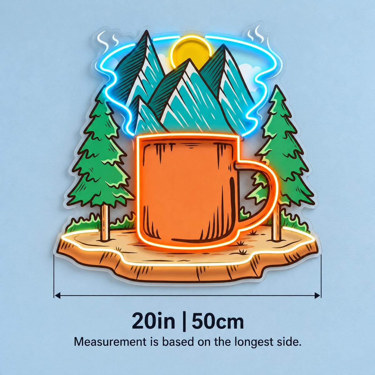 Mountain Coffee Mug Forest LED Neon Sign - size guide