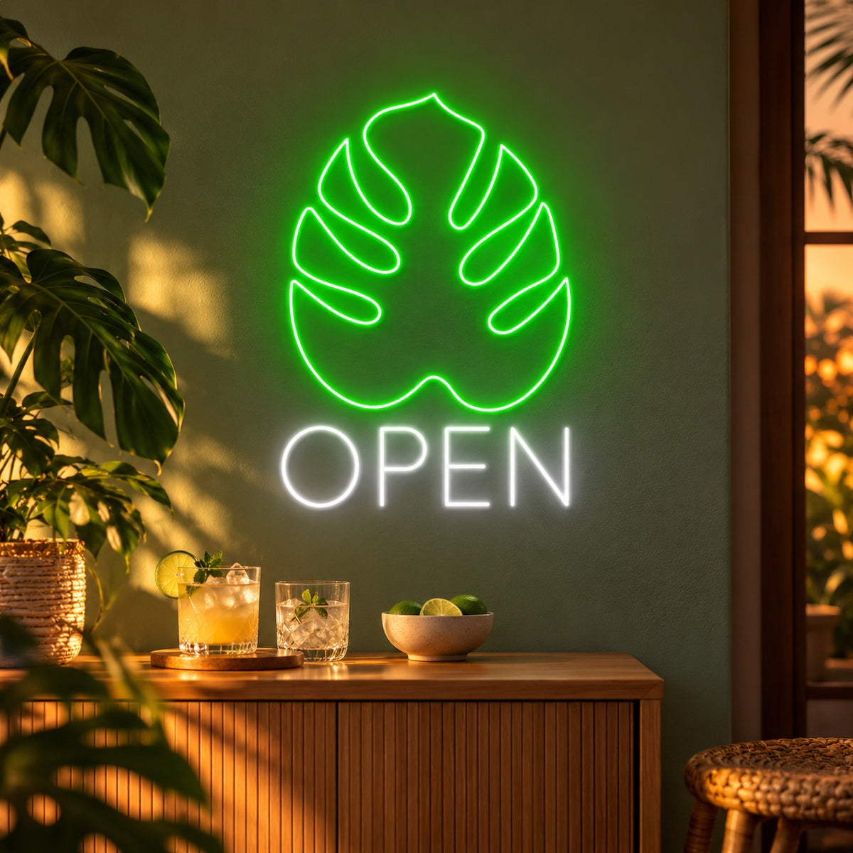 Open Monstera Leaf LED Neon Sign - advertising view