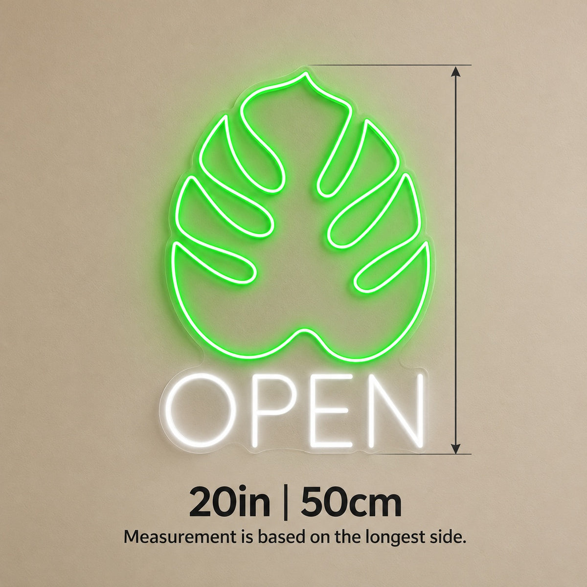 Open Monstera Leaf LED Neon Sign - size guide
