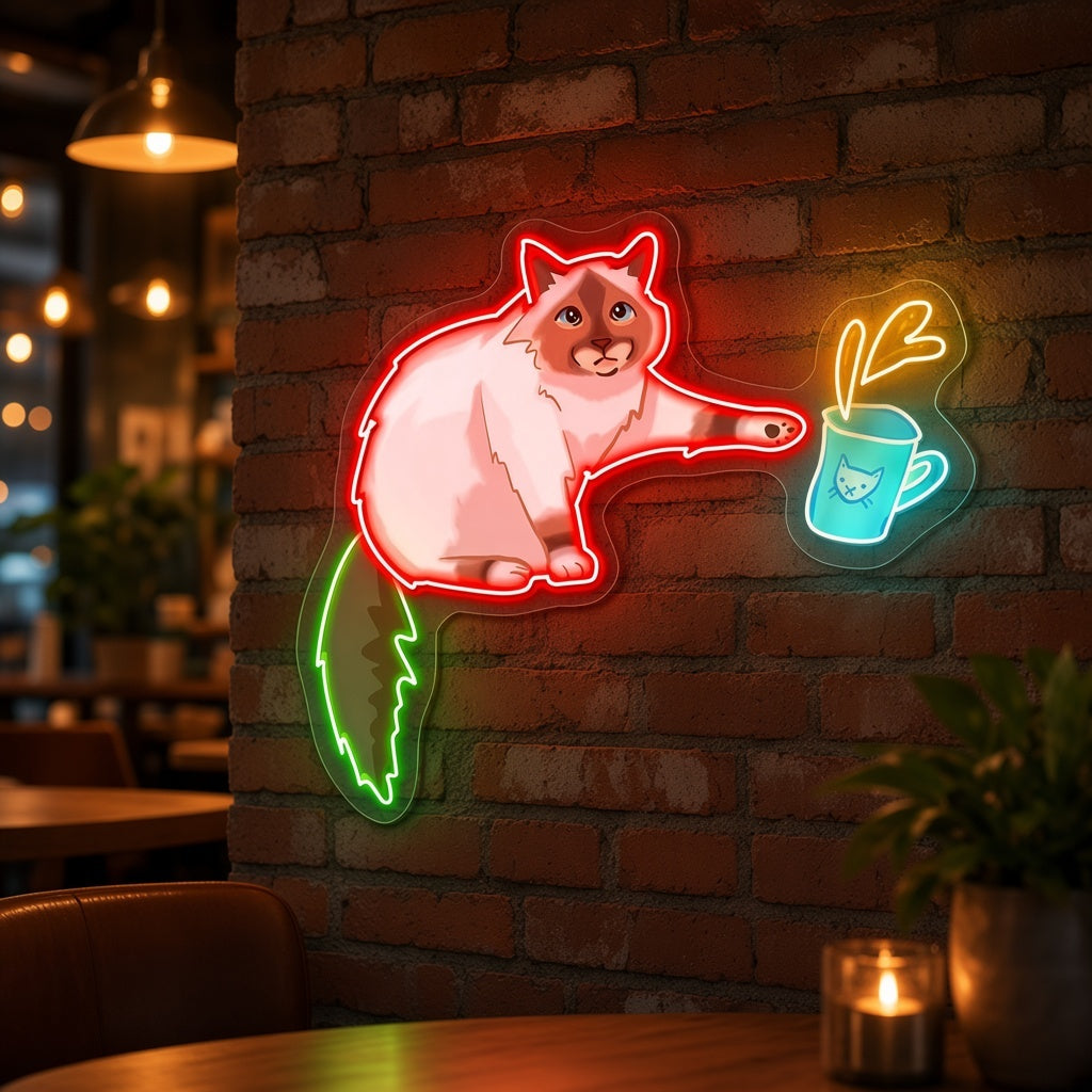 Ragdoll Cat Reaching for Coffee Mug LED Neon Sign - advertising view