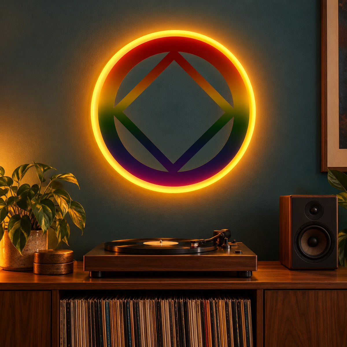 Rainbow Diamond Circle LED Neon Sign - advertising view