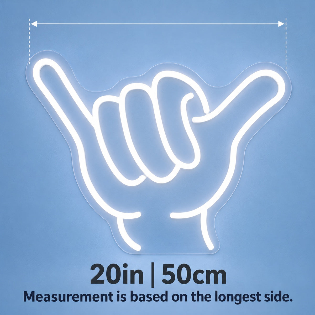 Shaka Hand Gesture LED Neon Sign - size guide