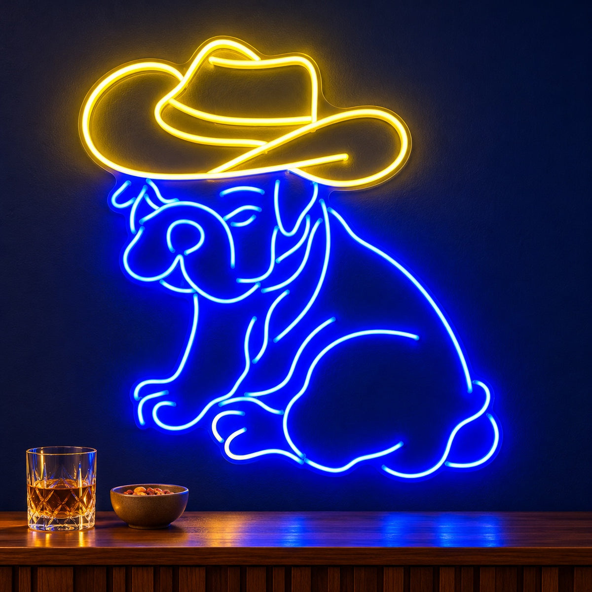 Sitting Bulldog with Cowboy Hat LED Neon Sign - advertising view