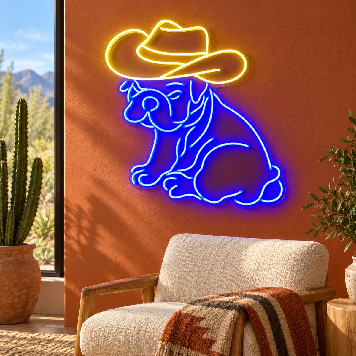 Sitting Bulldog with Cowboy Hat LED Neon Sign - lifestyle view