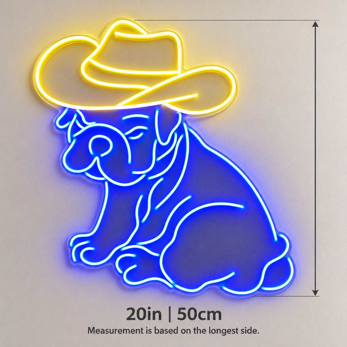 Sitting Bulldog with Cowboy Hat LED Neon Sign - size guide