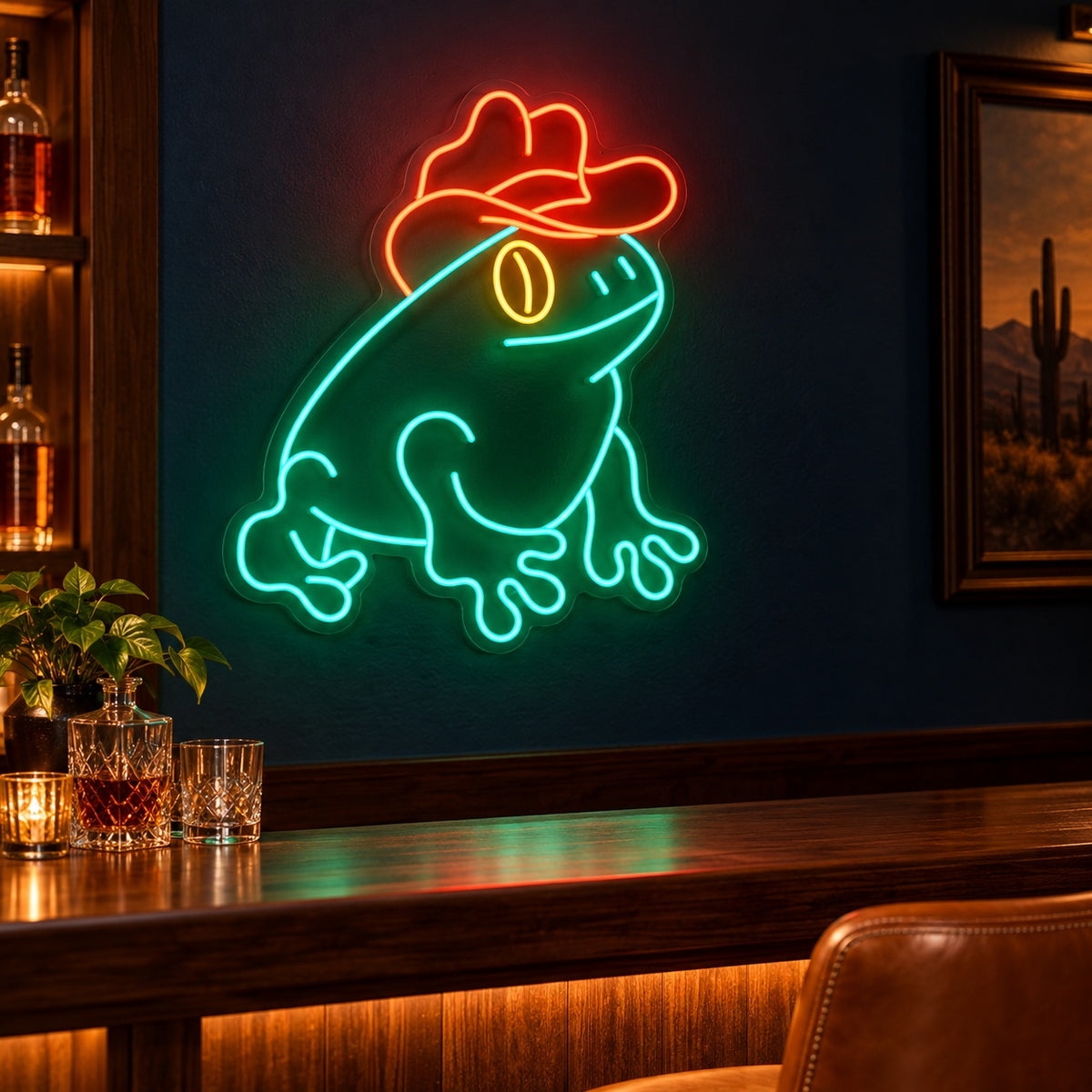 Sitting Frog with Cowboy Hat LED Neon Sign - advertising view