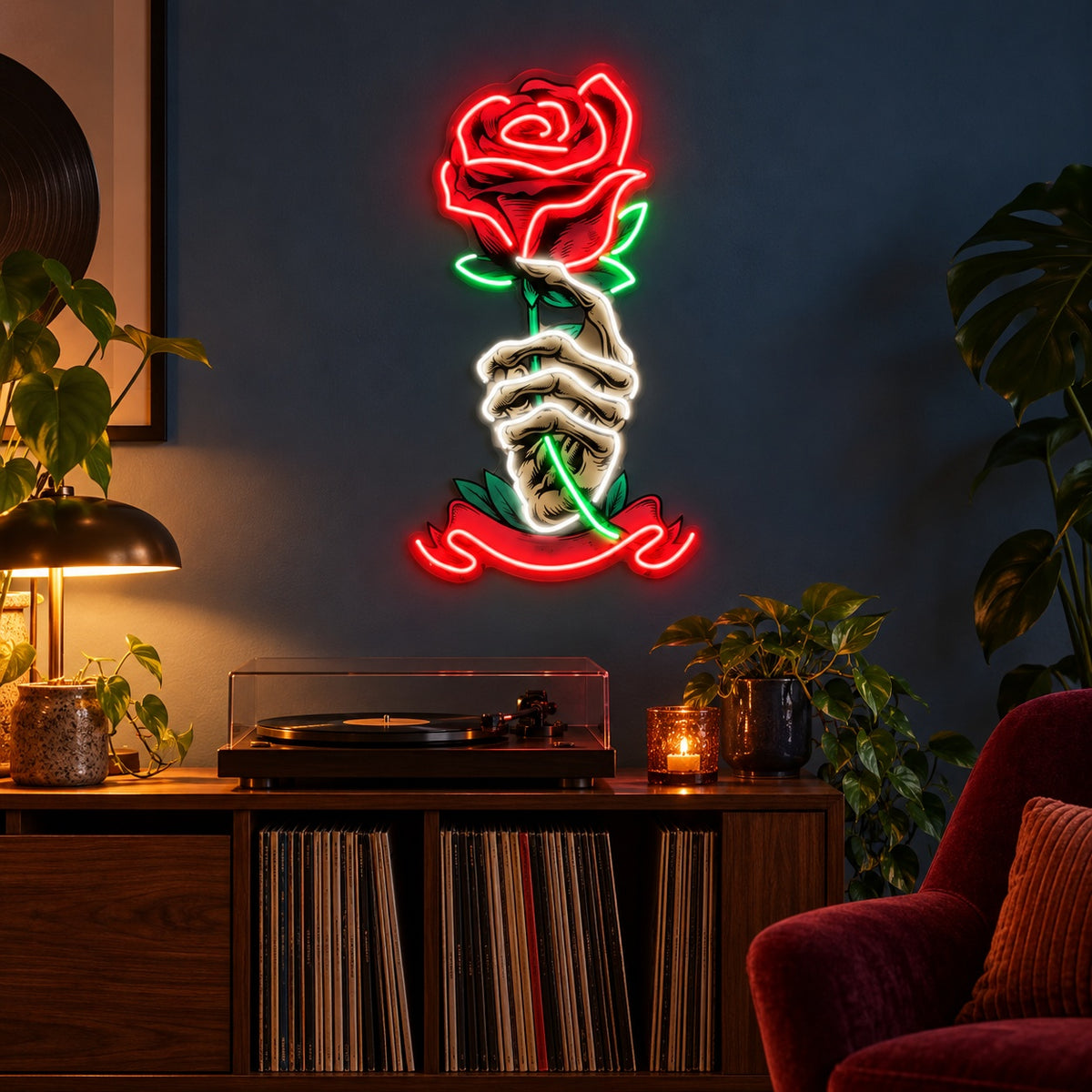 Skeleton Hand Rose LED Neon Sign - advertising view
