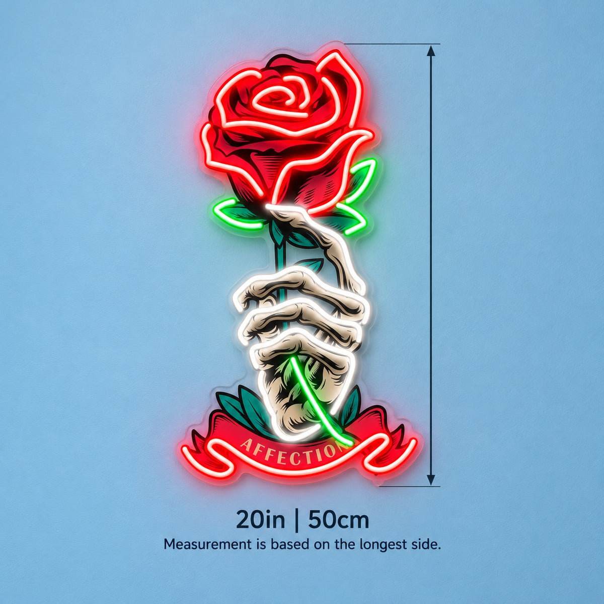 Skeleton Hand Rose LED Neon Sign - size guide