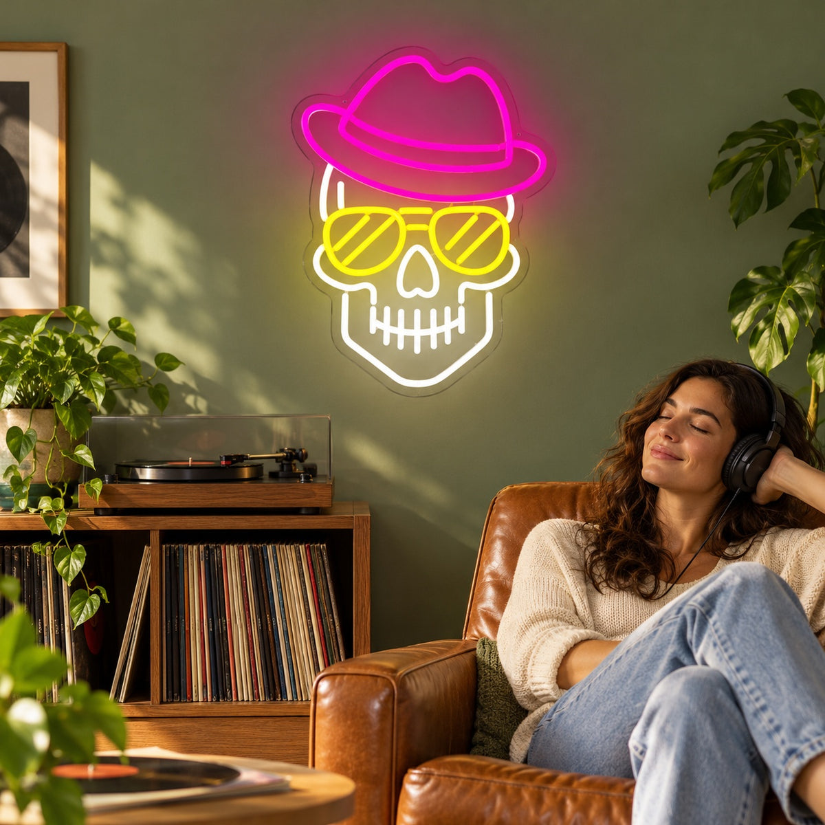 Skull with Hat Sunglasses LED Neon Sign - lifestyle view
