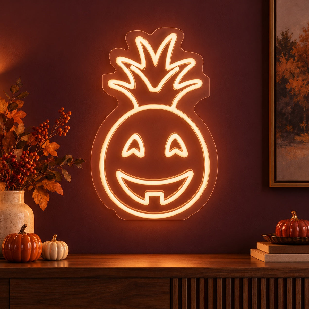 Smiling Pineapple Pumpkin LED Neon Sign - advertising view