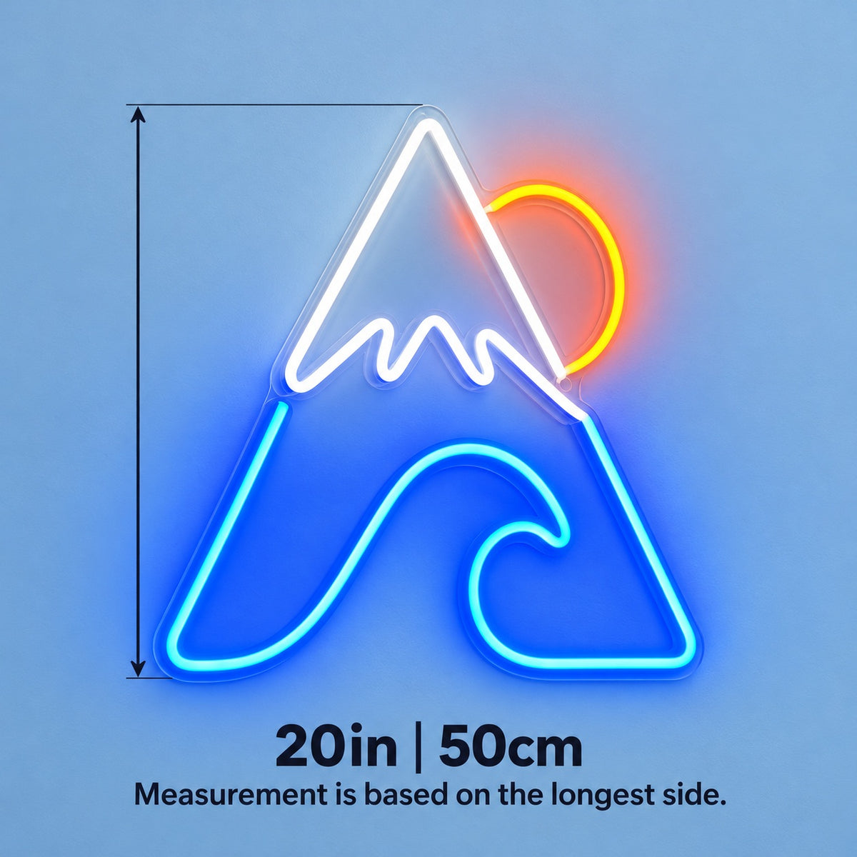 Snowy Mountain Wave Sun LED Neon Sign - size guide