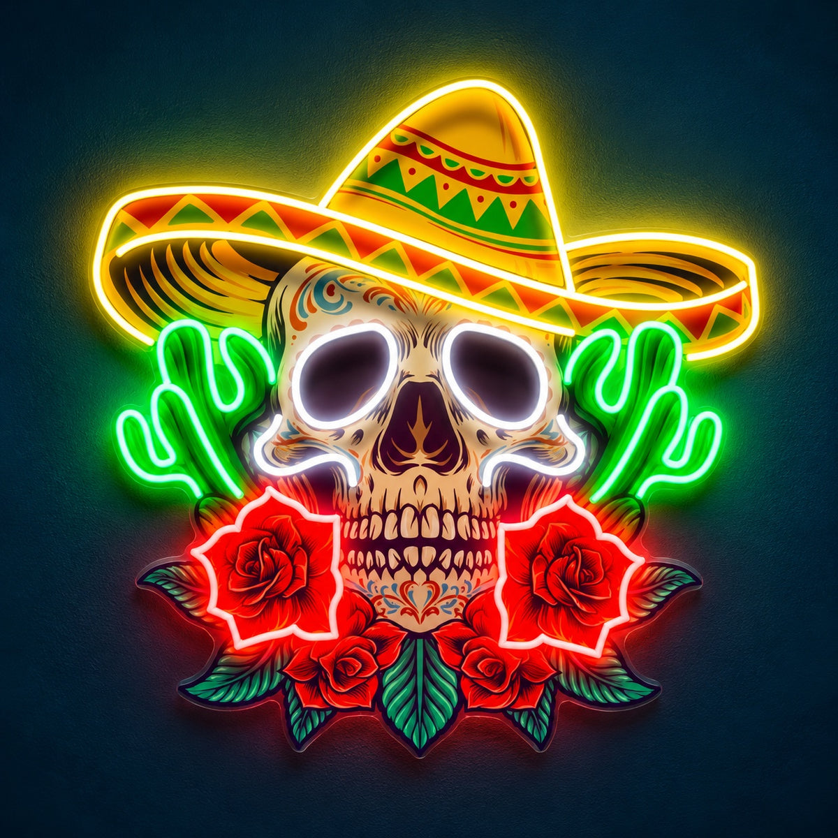 Sombrero Sugar Skull Cacti Roses LED Neon Sign - product hero
