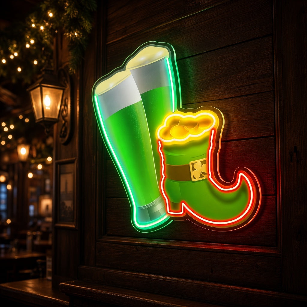 St Patrick's Beer & Leprechaun Boot LED Neon Sign - advertising view
